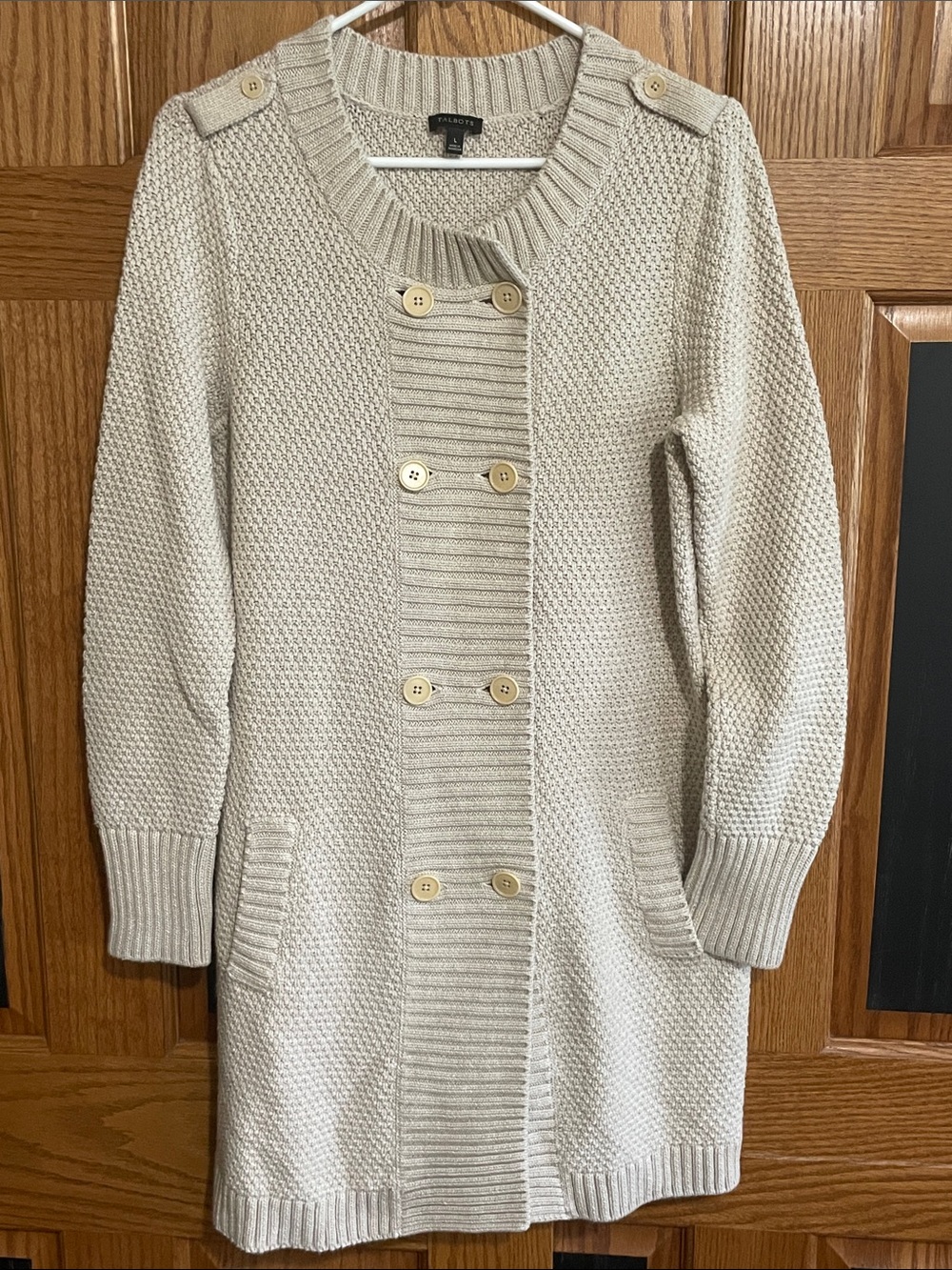 Talbots Cream Double-Breasted Long Knit Cardigan